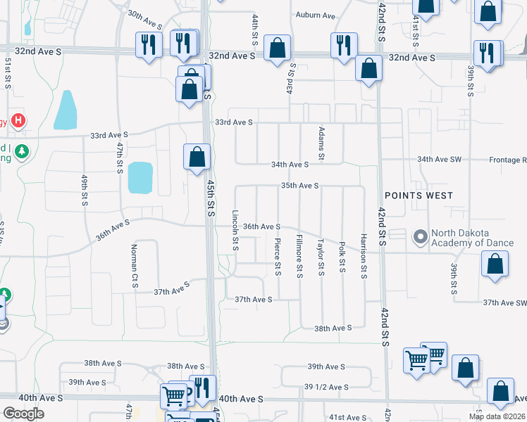 map of restaurants, bars, coffee shops, grocery stores, and more near 3642 36th Avenue South in Fargo