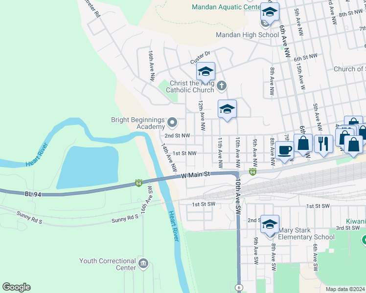 map of restaurants, bars, coffee shops, grocery stores, and more near 205 13th Avenue Northwest in Mandan