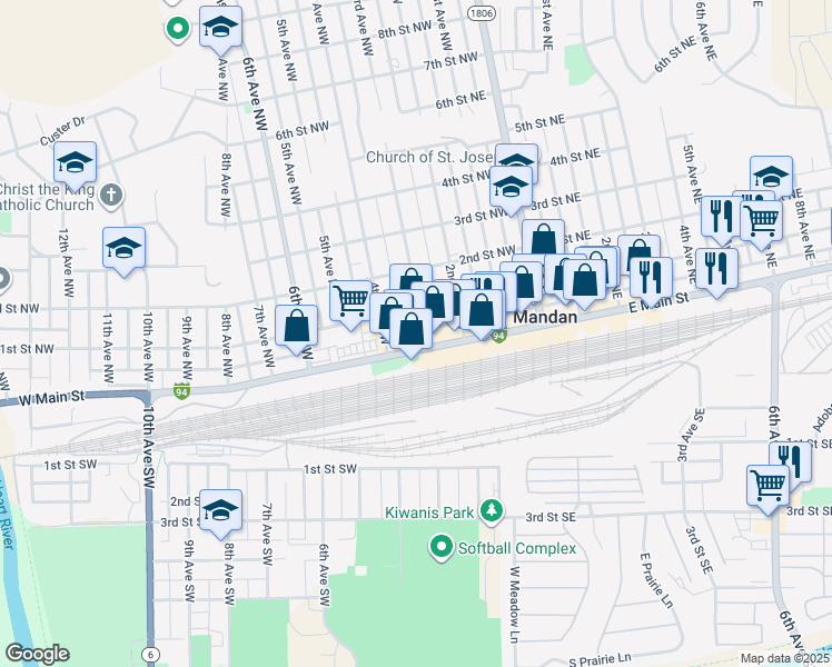 map of restaurants, bars, coffee shops, grocery stores, and more near 411 West Main Street in Mandan