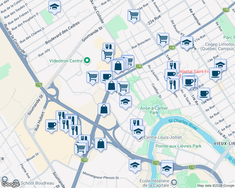 map of restaurants, bars, coffee shops, grocery stores, and more near 259 Rue de Lanaudière in Québec