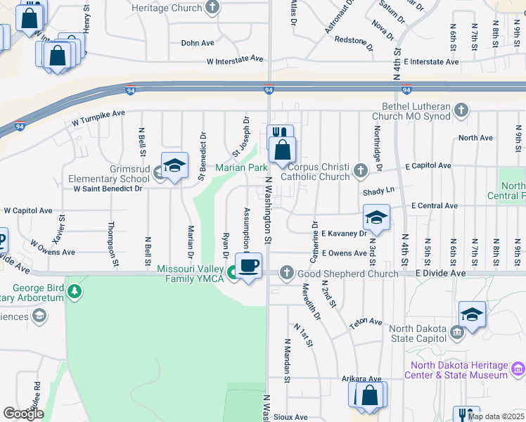 map of restaurants, bars, coffee shops, grocery stores, and more near 1838 North Washington Street in Bismarck