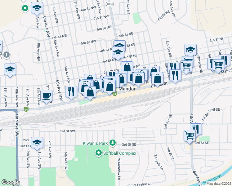 map of restaurants, bars, coffee shops, grocery stores, and more near 211 West Main Street in Mandan