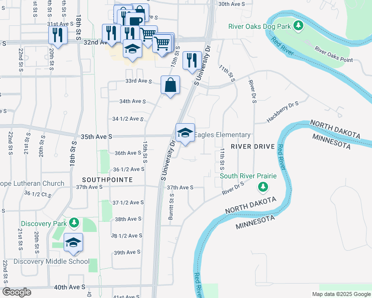 map of restaurants, bars, coffee shops, grocery stores, and more near 3502 University Drive in Fargo