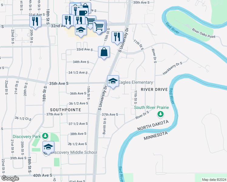 map of restaurants, bars, coffee shops, grocery stores, and more near 3502 University Drive in Fargo