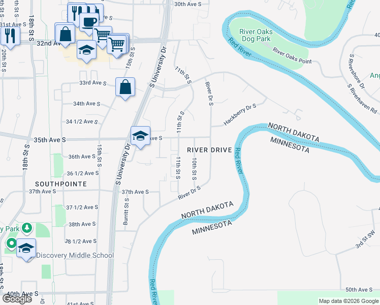 map of restaurants, bars, coffee shops, grocery stores, and more near 3508 10th Street South in Fargo