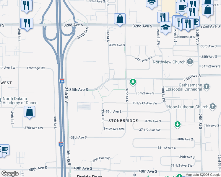 map of restaurants, bars, coffee shops, grocery stores, and more near 3320 35th Avenue South in Fargo