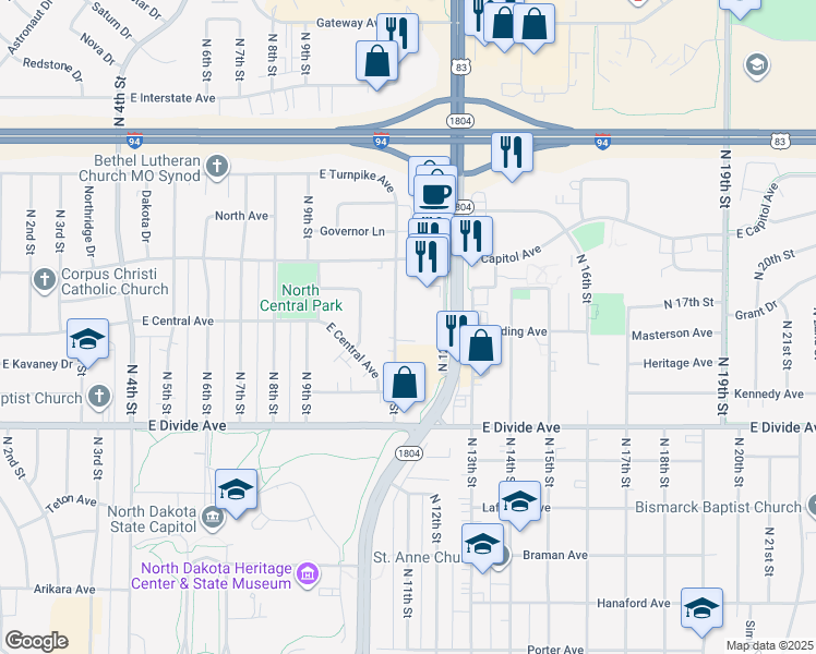 map of restaurants, bars, coffee shops, grocery stores, and more near 1921 North 11th Street in Bismarck
