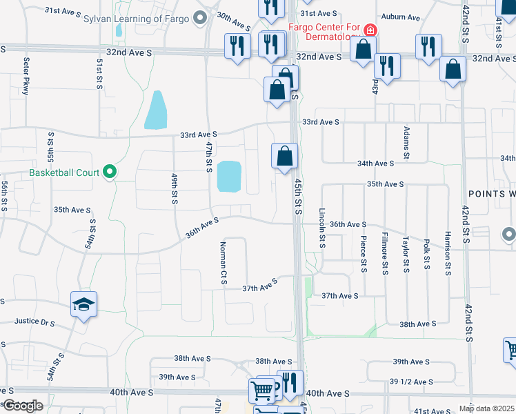 map of restaurants, bars, coffee shops, grocery stores, and more near 3491 45th Street South in Fargo