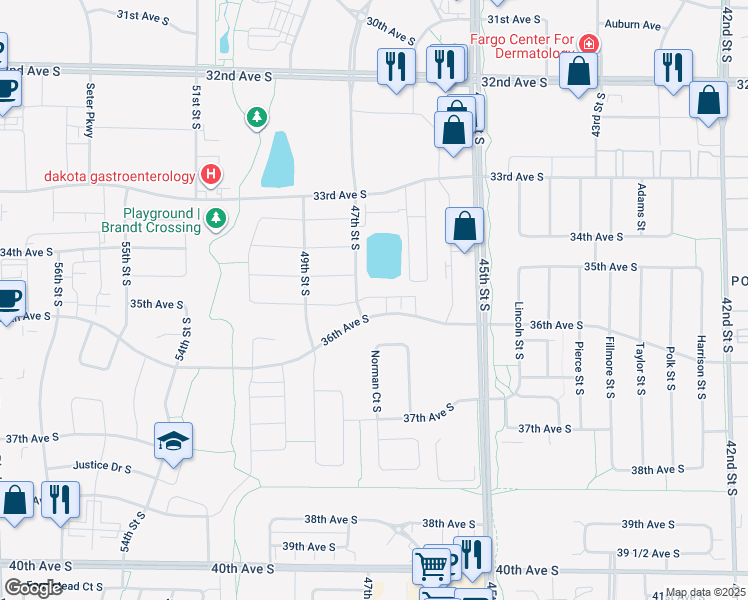 map of restaurants, bars, coffee shops, grocery stores, and more near 3548 47th Street South in Fargo