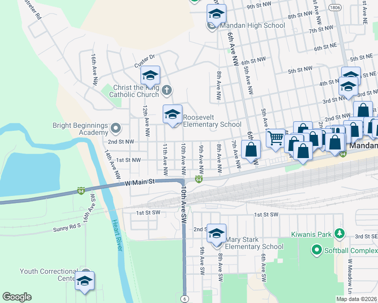 map of restaurants, bars, coffee shops, grocery stores, and more near 300 10th Avenue Northwest in Mandan