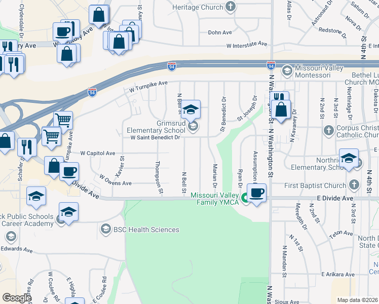 map of restaurants, bars, coffee shops, grocery stores, and more near 1912 North Bell Street in Bismarck