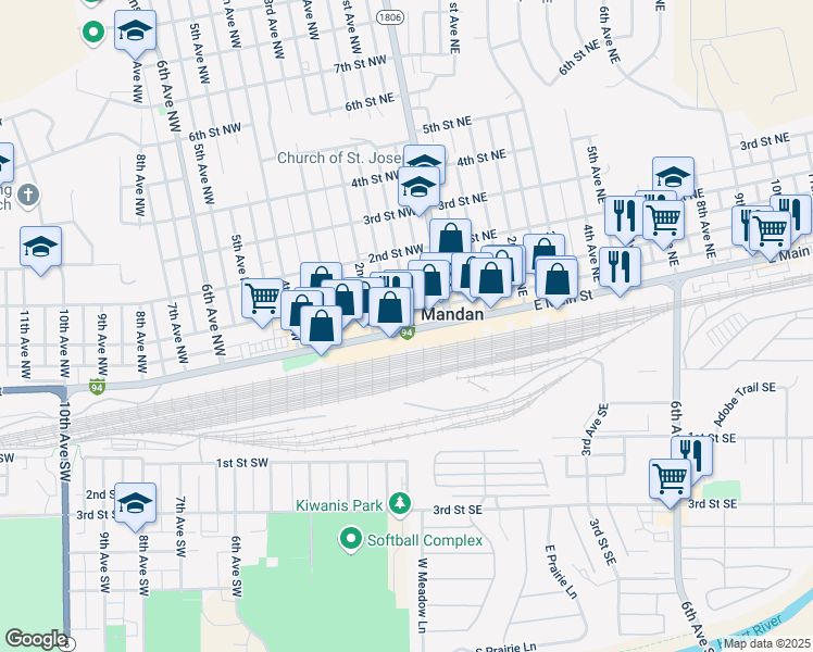 map of restaurants, bars, coffee shops, grocery stores, and more near 109 1st Avenue Northwest in Mandan