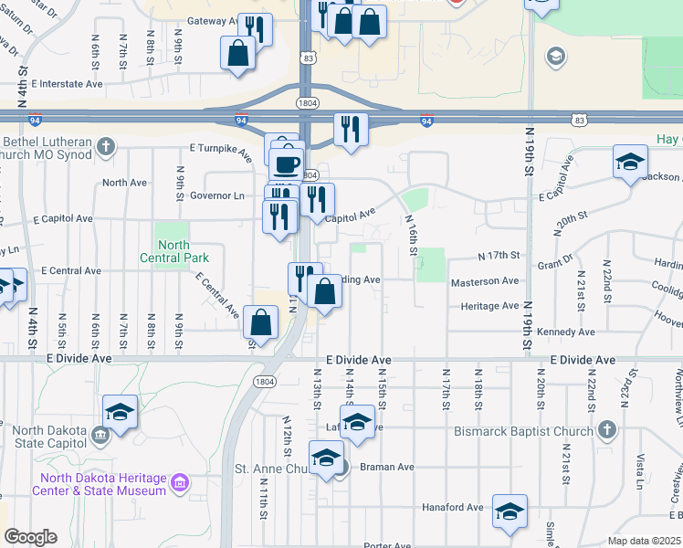map of restaurants, bars, coffee shops, grocery stores, and more near 1928 North 14th Street in Bismarck