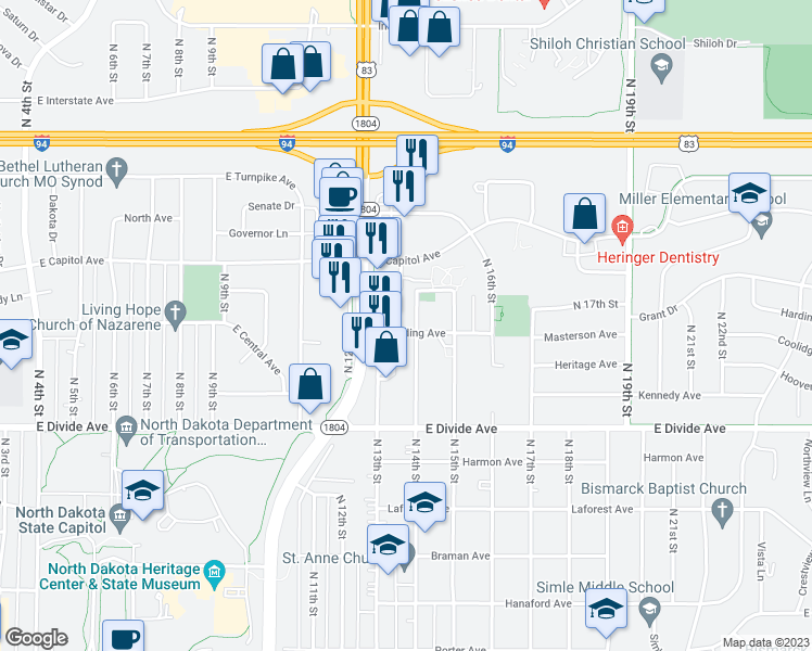 map of restaurants, bars, coffee shops, grocery stores, and more near 1314 Spaulding Avenue in Bismarck