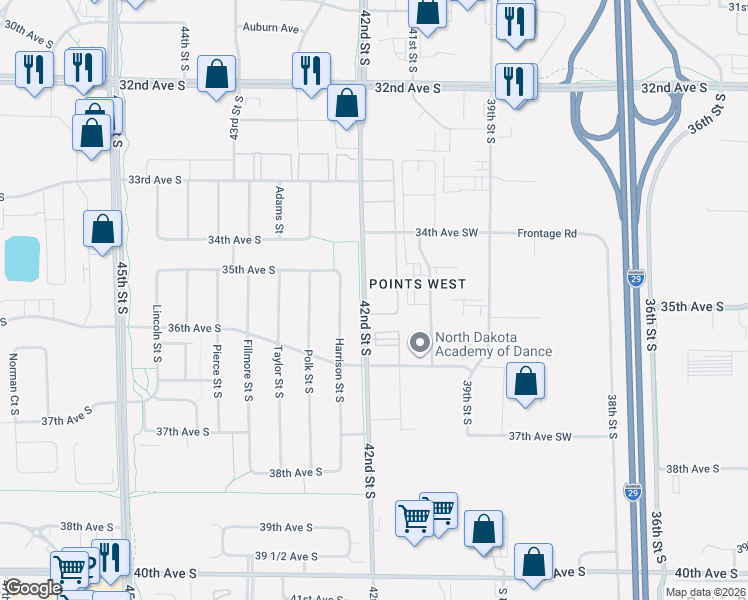 map of restaurants, bars, coffee shops, grocery stores, and more near 3520 42nd Street South in Fargo