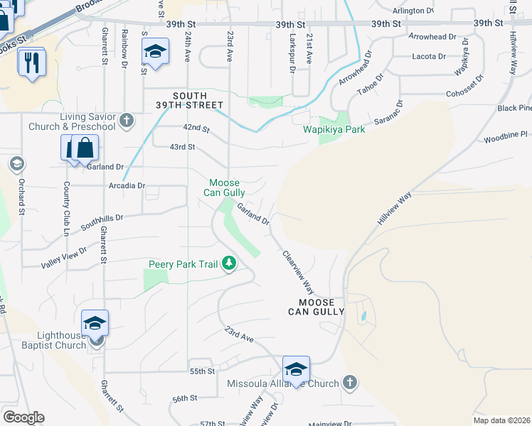 map of restaurants, bars, coffee shops, grocery stores, and more near 2200 Garland Drive in Missoula