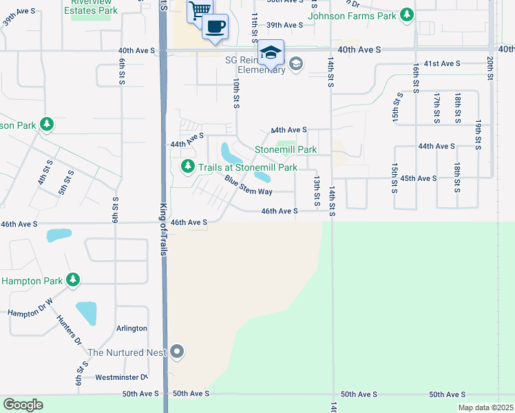 map of restaurants, bars, coffee shops, grocery stores, and more near 4523 Blue Stem Way in Moorhead