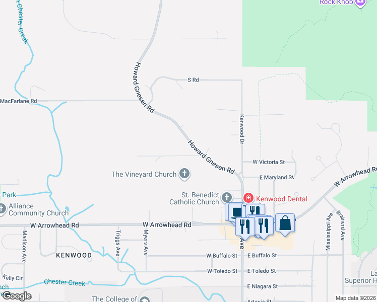 map of restaurants, bars, coffee shops, grocery stores, and more near 56 Howard Gnesen Road in Duluth