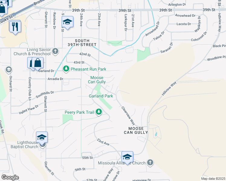map of restaurants, bars, coffee shops, grocery stores, and more near 2200 Garland Drive in Missoula