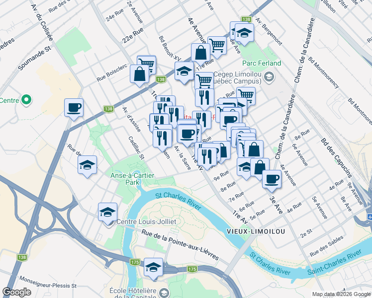 map of restaurants, bars, coffee shops, grocery stores, and more near 1213 1re Avenue in Québec