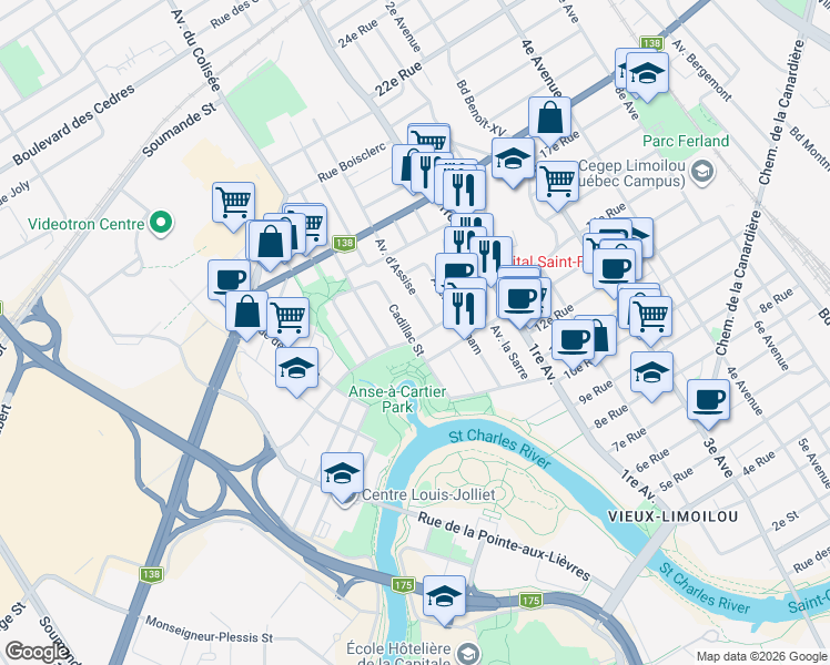 map of restaurants, bars, coffee shops, grocery stores, and more near 94 Rue de l'Espinay in Québec