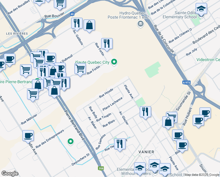 map of restaurants, bars, coffee shops, grocery stores, and more near 134 Rue Houde in Québec