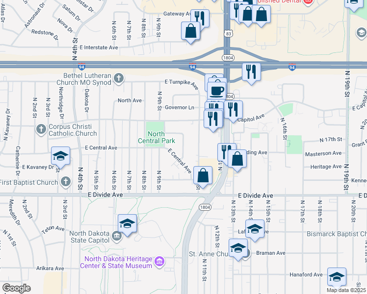 map of restaurants, bars, coffee shops, grocery stores, and more near Constitution Drive in Bismarck