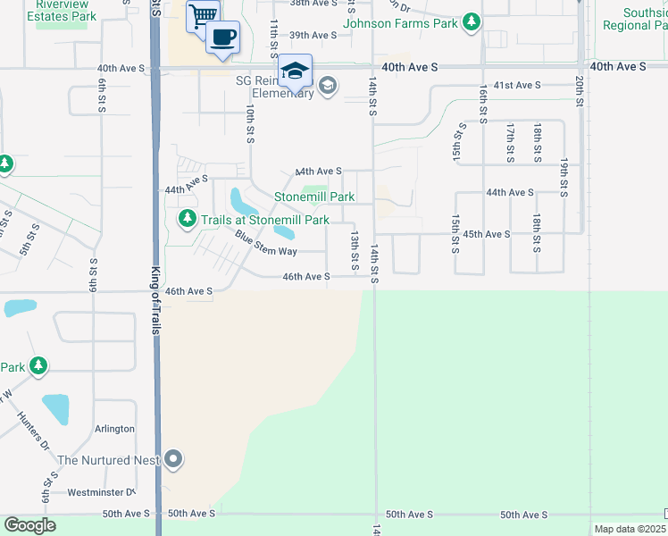 map of restaurants, bars, coffee shops, grocery stores, and more near 4573 13th Street South in Moorhead