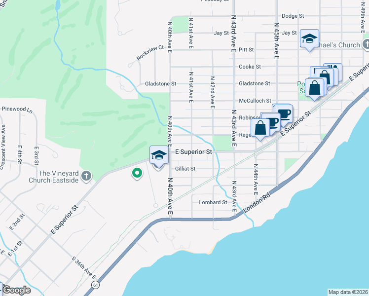 map of restaurants, bars, coffee shops, grocery stores, and more near 4014 Regent Street in Duluth