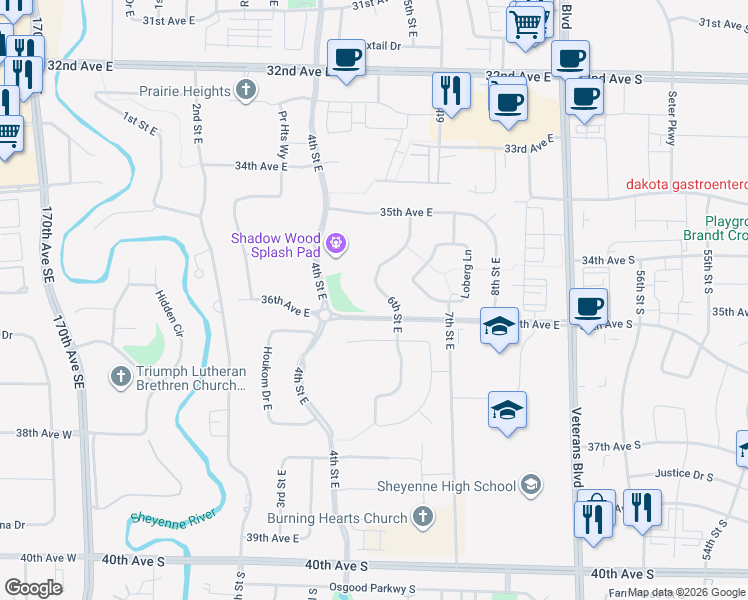 map of restaurants, bars, coffee shops, grocery stores, and more near 3557 6th St E in West Fargo