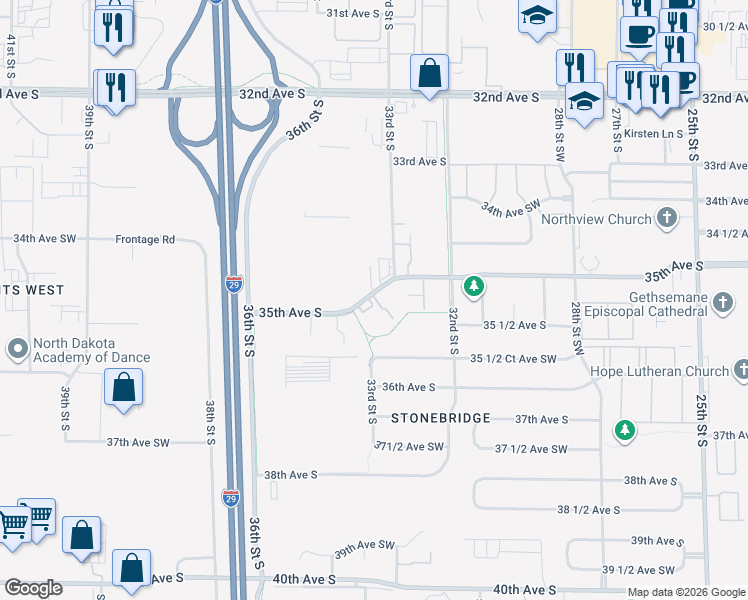 map of restaurants, bars, coffee shops, grocery stores, and more near 3320 35th Avenue South in Fargo