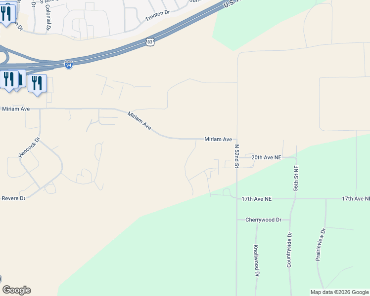 map of restaurants, bars, coffee shops, grocery stores, and more near East Divide Avenue in Bismarck