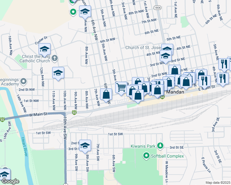 map of restaurants, bars, coffee shops, grocery stores, and more near 210 5th Avenue Northwest in Mandan