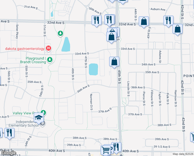 map of restaurants, bars, coffee shops, grocery stores, and more near 4643 36th Avenue South in Fargo