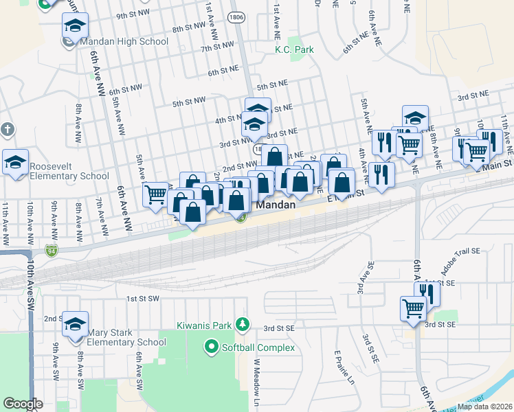 map of restaurants, bars, coffee shops, grocery stores, and more near 109 1st Avenue Northwest in Mandan