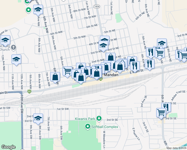 map of restaurants, bars, coffee shops, grocery stores, and more near 106 2nd Avenue Northwest in Mandan