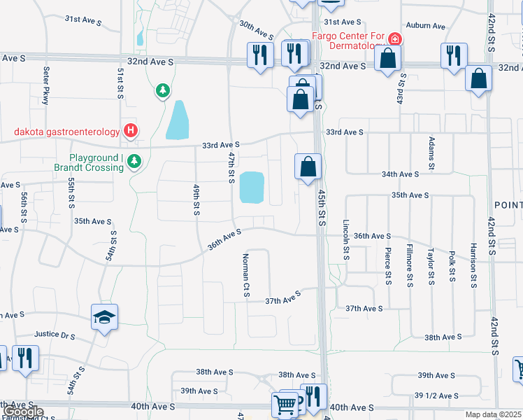 map of restaurants, bars, coffee shops, grocery stores, and more near 4643 36th Avenue South in Fargo
