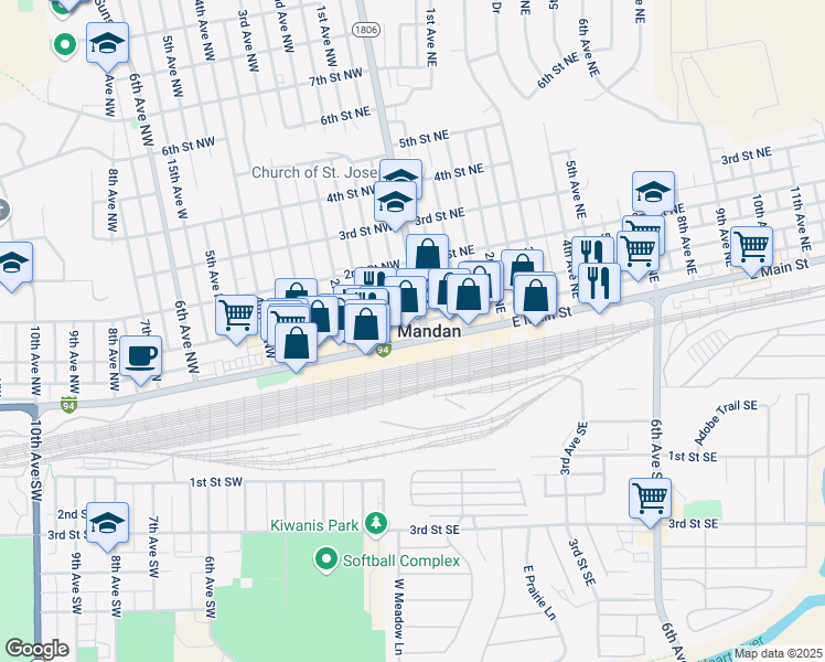 map of restaurants, bars, coffee shops, grocery stores, and more near in Mandan