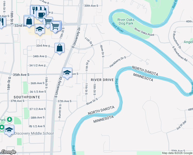 map of restaurants, bars, coffee shops, grocery stores, and more near 3508 10th Street South in Fargo