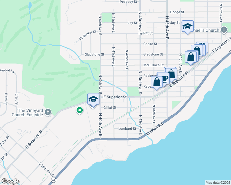 map of restaurants, bars, coffee shops, grocery stores, and more near 4112 Regent Street in Duluth