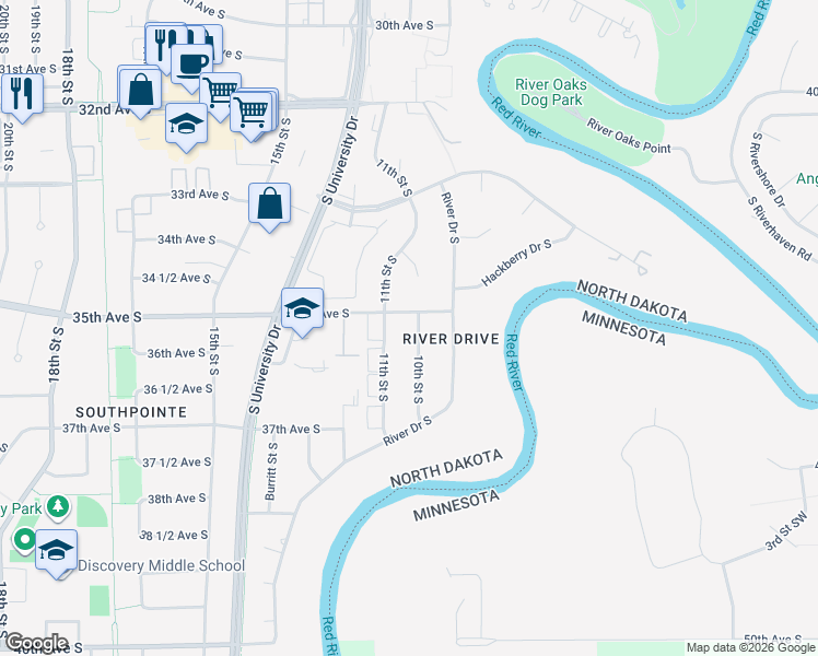 map of restaurants, bars, coffee shops, grocery stores, and more near 3508 10th Street South in Fargo