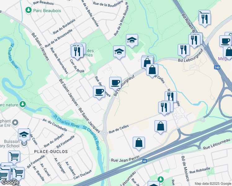 map of restaurants, bars, coffee shops, grocery stores, and more near 2625 Boulevard Lebourgneuf in Quebec