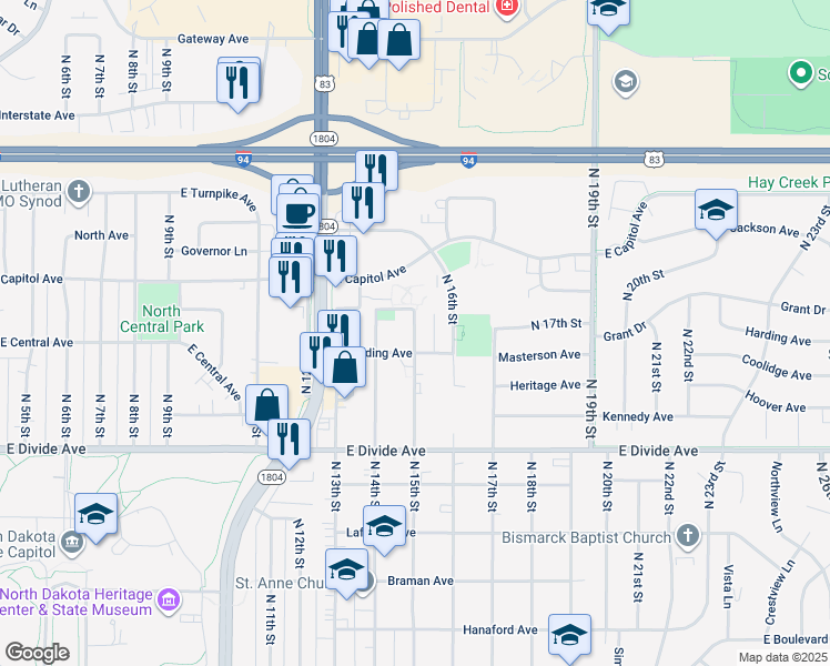 map of restaurants, bars, coffee shops, grocery stores, and more near 1419 East Central Avenue in Bismarck
