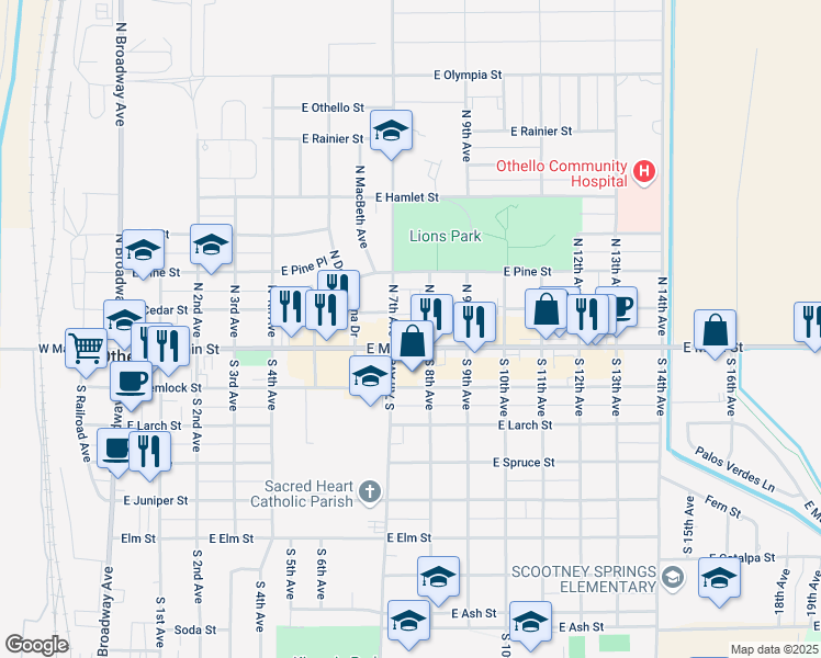 map of restaurants, bars, coffee shops, grocery stores, and more near 55 North 8th Avenue in Othello