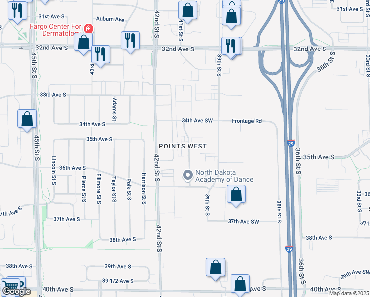 map of restaurants, bars, coffee shops, grocery stores, and more near 3481 41st St S in Fargo