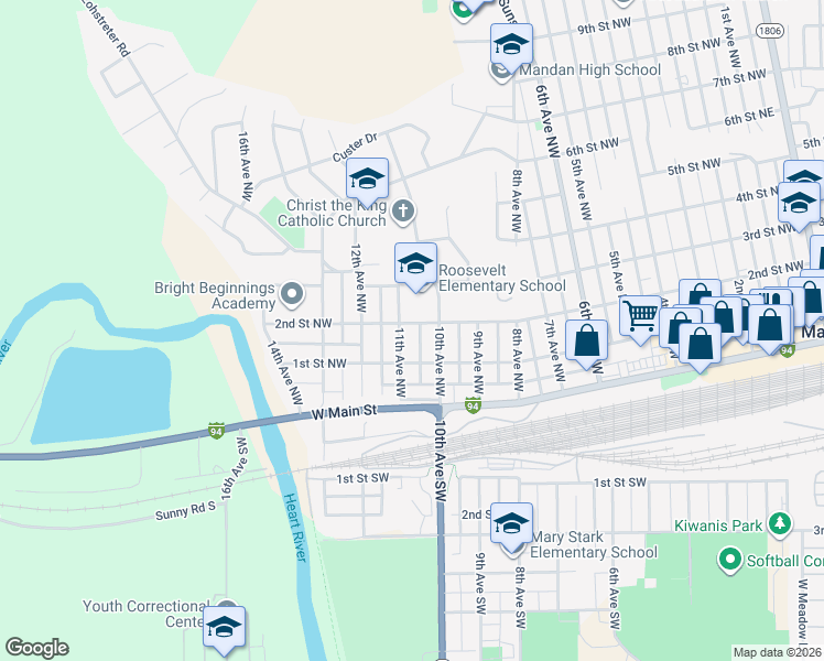 map of restaurants, bars, coffee shops, grocery stores, and more near 301 11th Avenue Northwest in Mandan