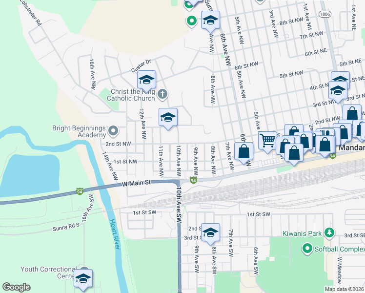 map of restaurants, bars, coffee shops, grocery stores, and more near 1009 2nd Street Northwest in Mandan