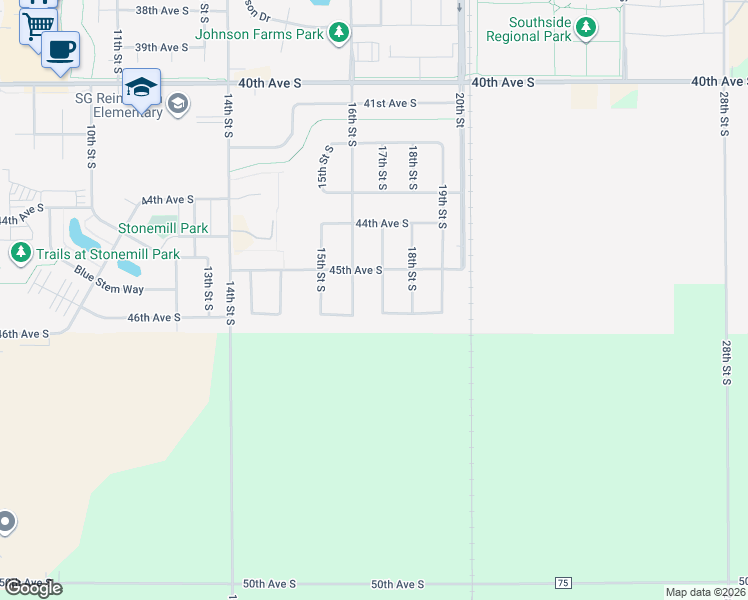 map of restaurants, bars, coffee shops, grocery stores, and more near 4558 16th Street South in Moorhead
