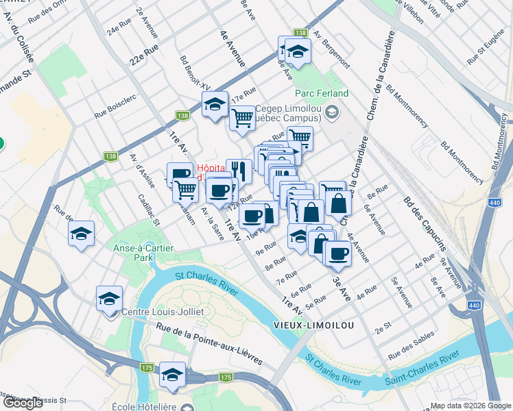 map of restaurants, bars, coffee shops, grocery stores, and more near 1120 2e Avenue in Québec