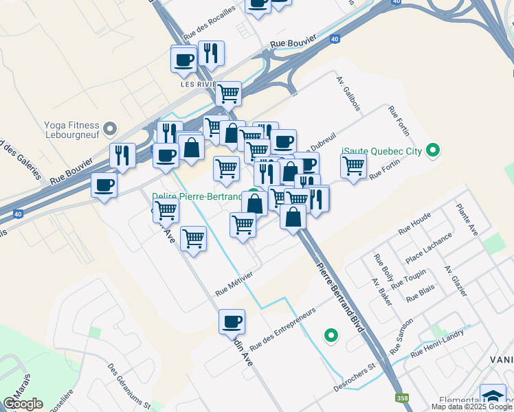 map of restaurants, bars, coffee shops, grocery stores, and more near in Québec City